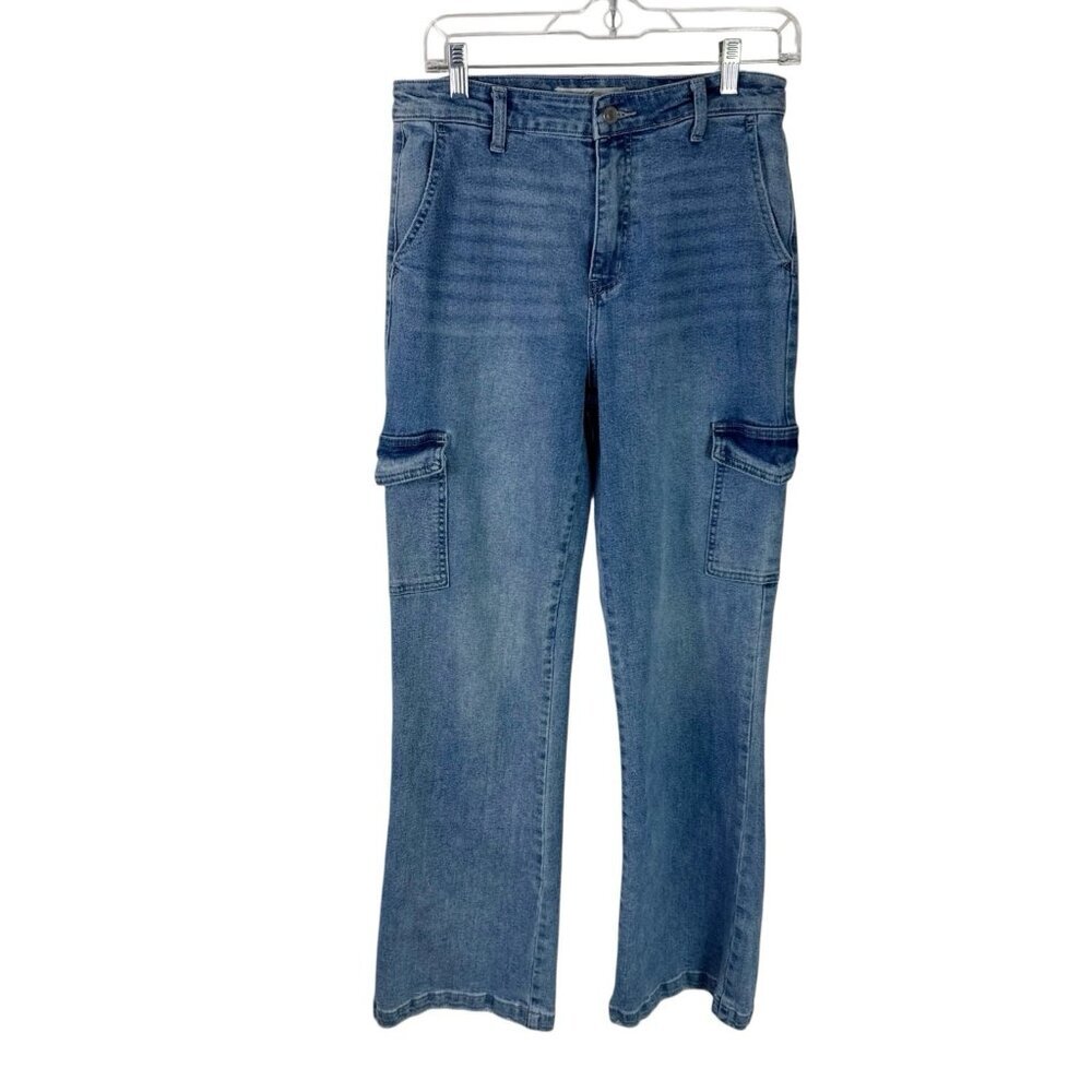 KanCan Women's 7/27 Bootcut Cargo Denim‎ Jeans Blue Inseam 31.5"